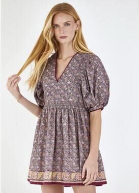 Hunter Bell Dixon Mini V Neck Quilted Puff Sleeve A Line Dress Falling Leaves M